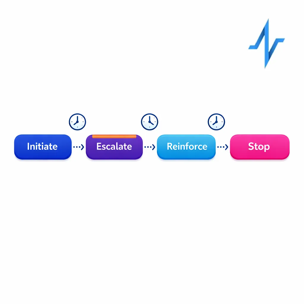 A four-step flow shows initiate, escalate, reinforce, and stop with wait windows between steps.