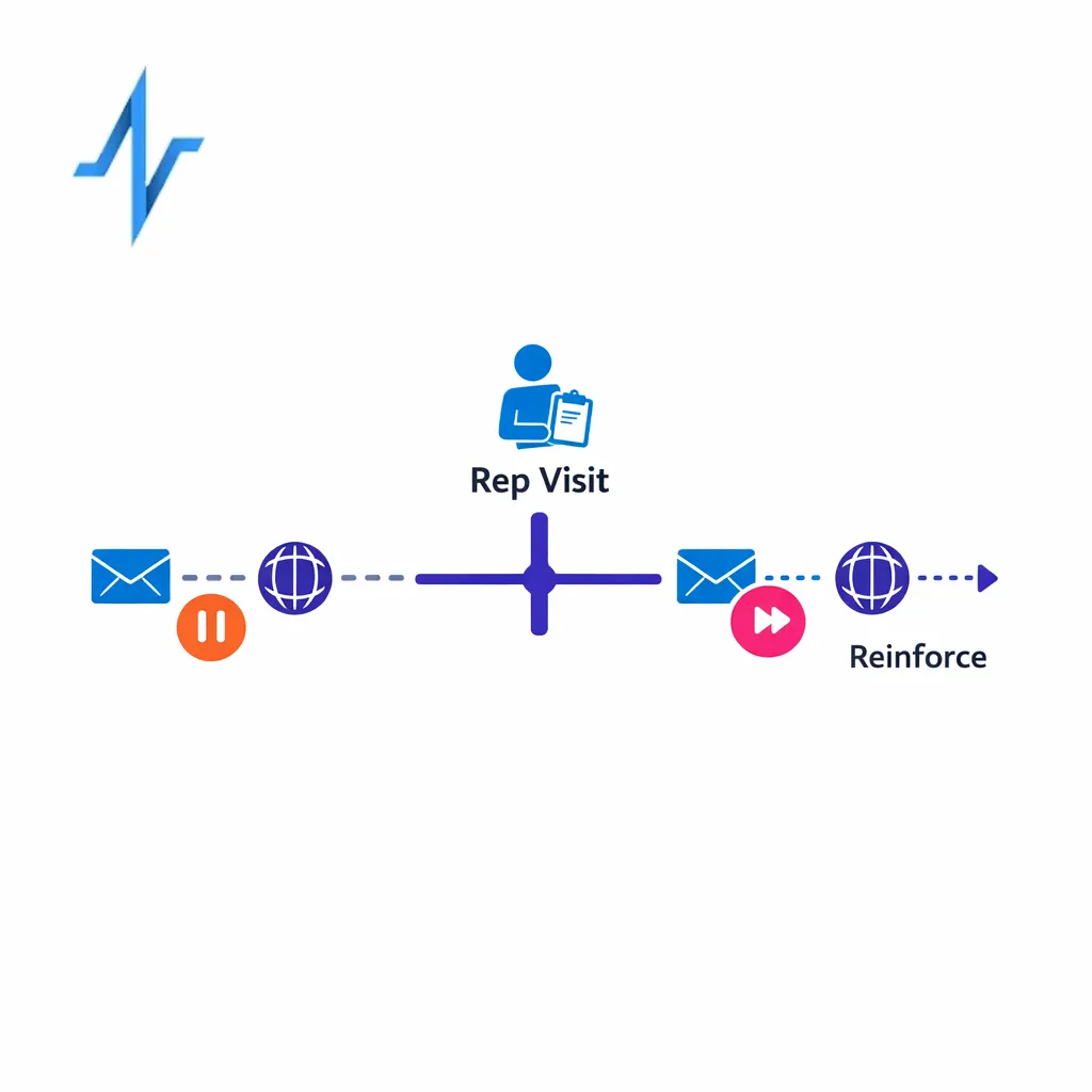 A rep visit icon pauses digital messages, then triggers a reinforcement sequence afterward.