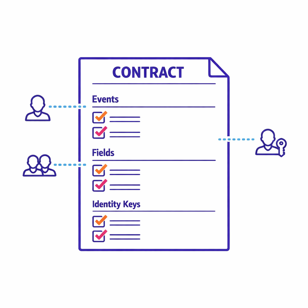 A checklist contract defines events, required fields, and permitted identity keys for partners.