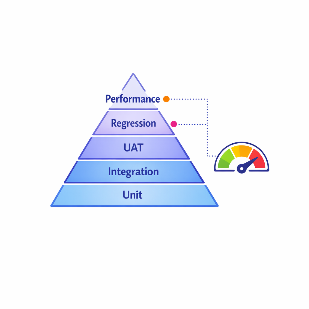 A testing pyramid shows unit, integration, UAT, regression, and performance scaled by risk.
