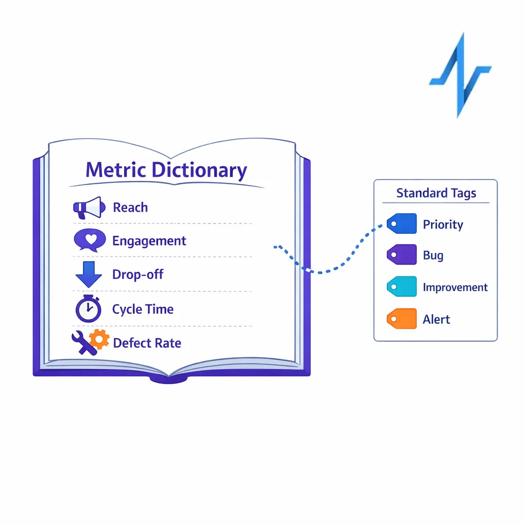 A metric dictionary book and consistent tagging icons show standardized definitions across brands.