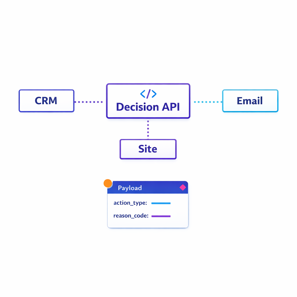 An API box returns a next action payload to CRM and channel tools via dotted connectors.