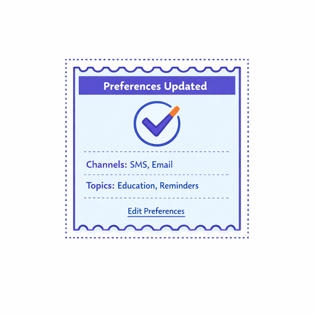 A confirmation receipt summarizes chosen channels and topics with a single link to change preferences.
