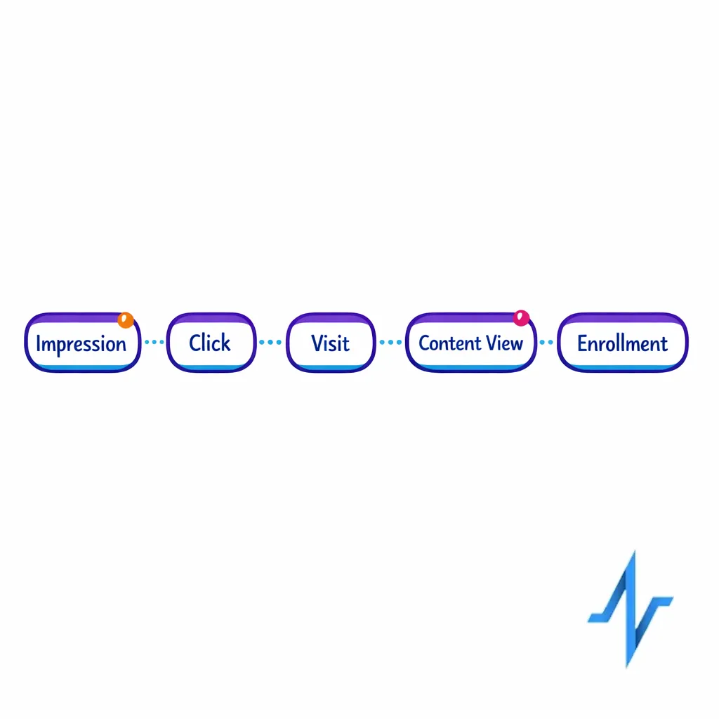 A simple flow maps impressions to clicks to visits to content views to enrollments.