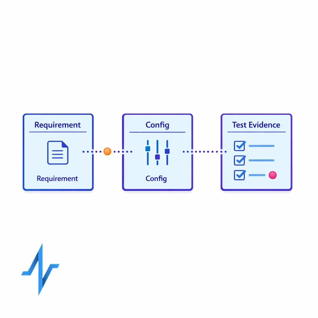A chain diagram links business requirements to configuration and test evidence artifacts.