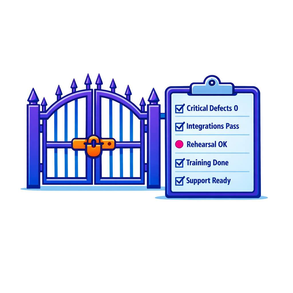 A gate checklist shows readiness criteria before cutover, including defects, training, and integrations.