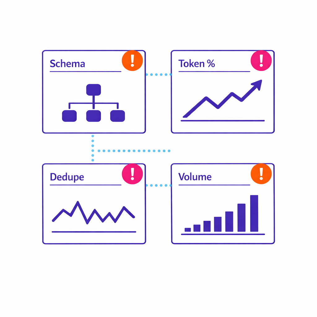 A monitoring dashboard shows schema validation, token coverage, deduplication, and volume alerts.