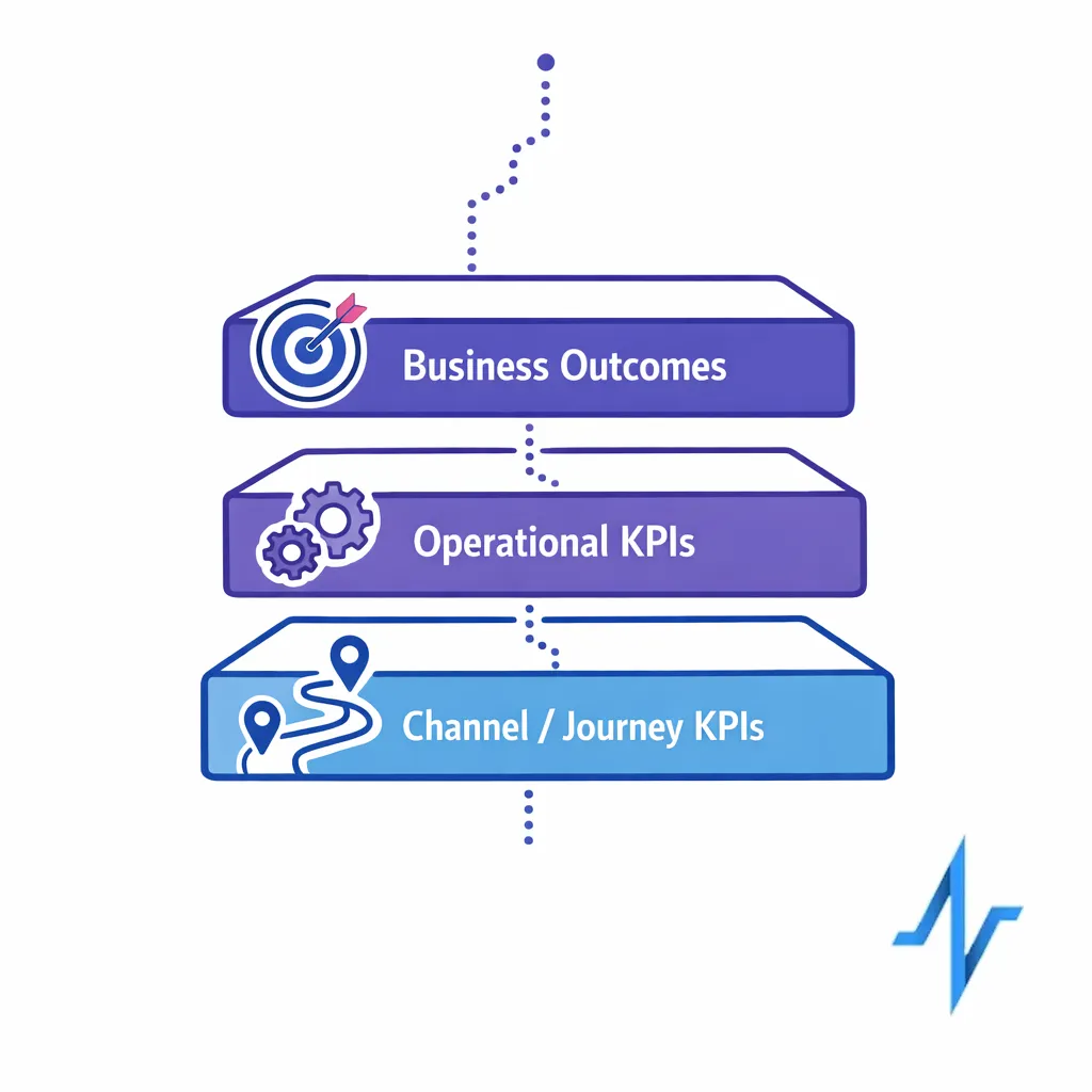 A three-layer stack depicts business outcomes, operational KPIs, and channel journey KPIs.