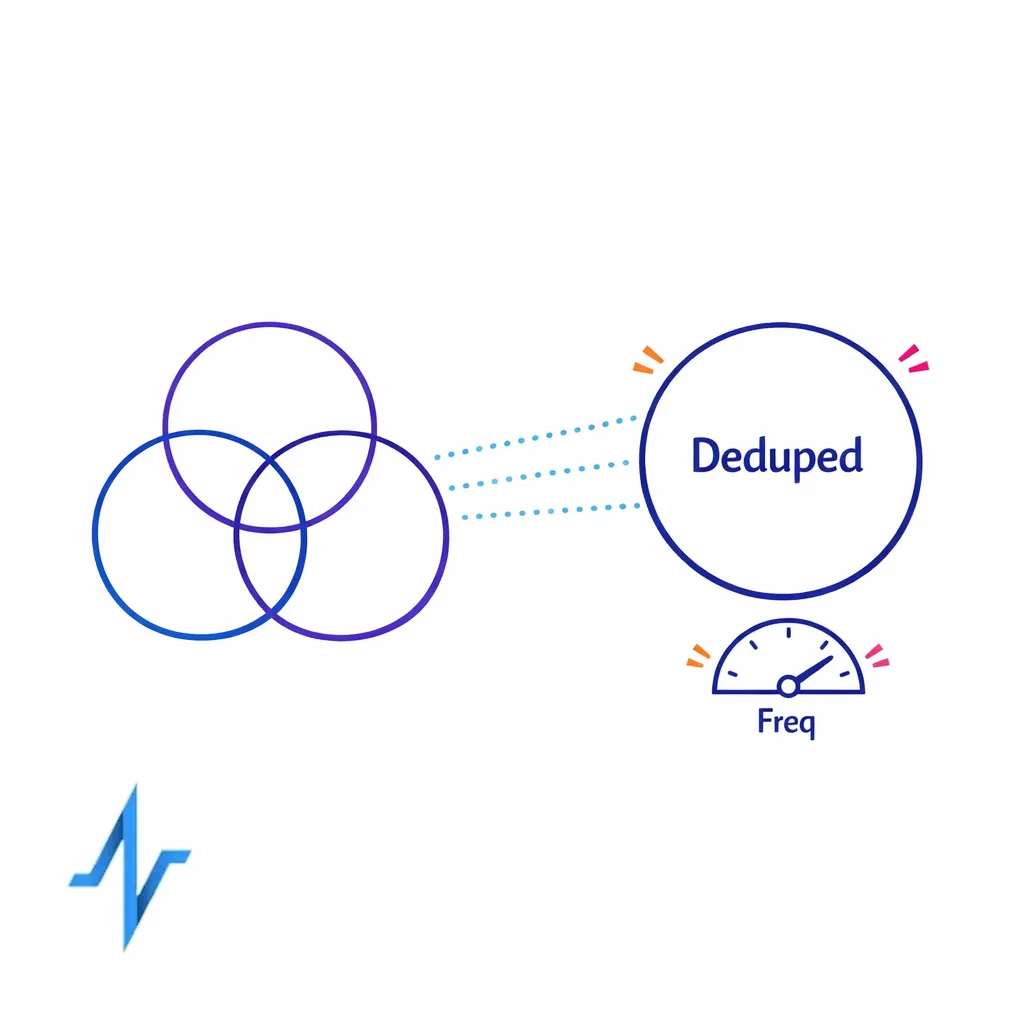 Overlapping audience circles merge into one deduped set with a frequency meter.
