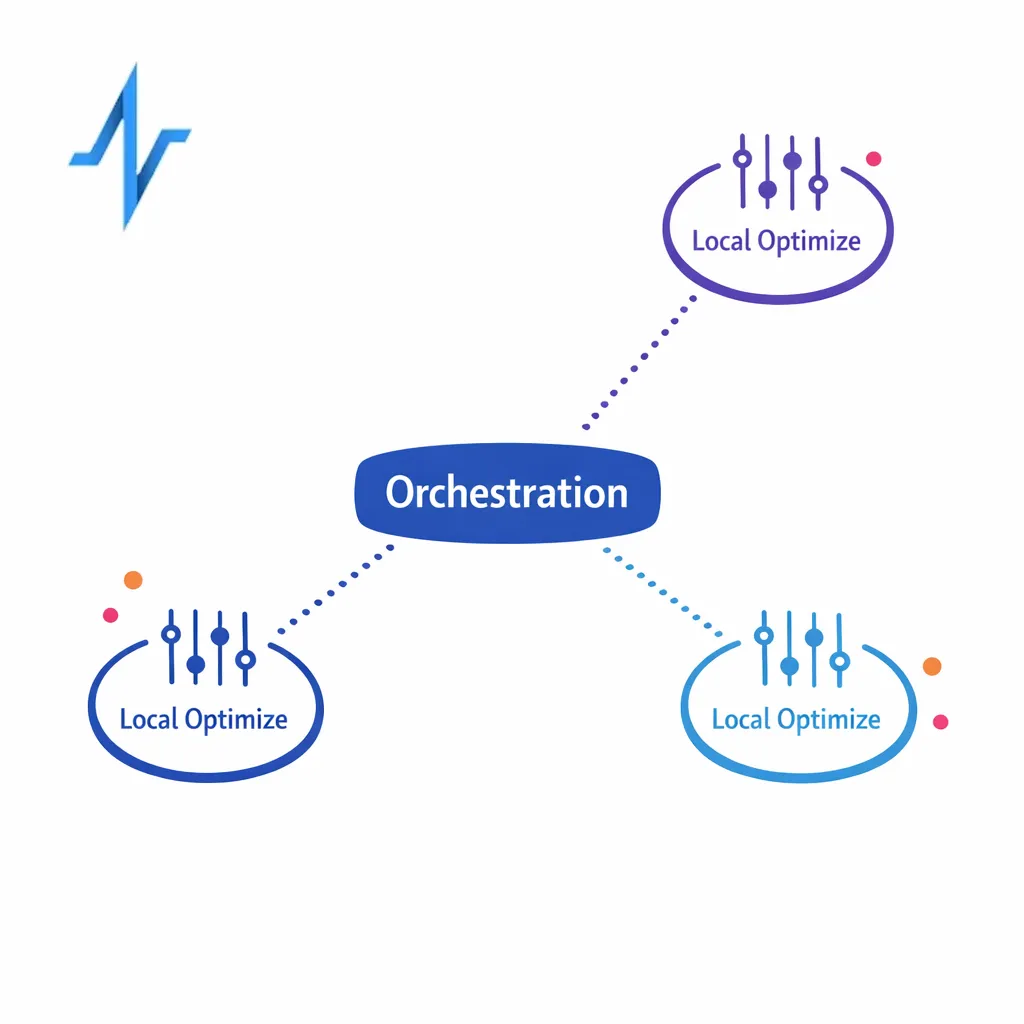 A central decision hub handles key actions while channels optimize timing locally.