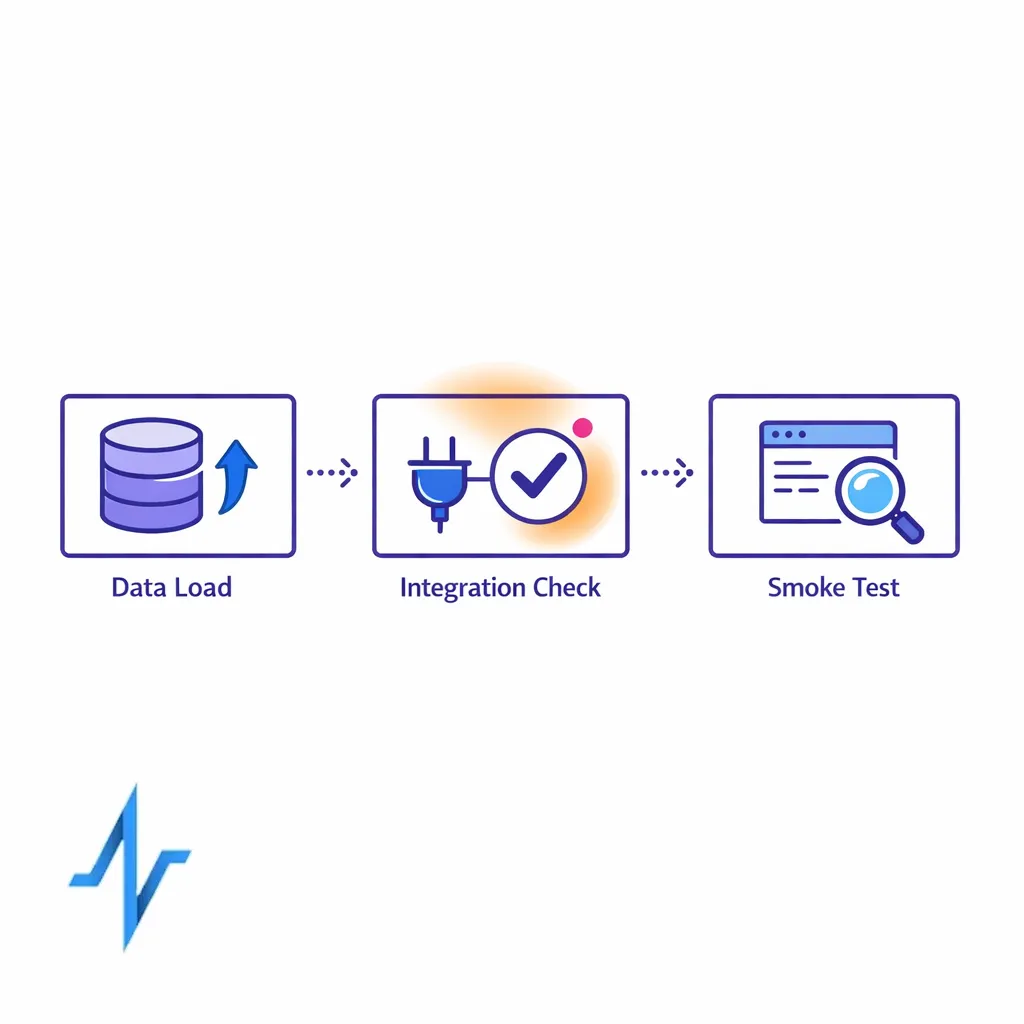 A rehearsal scene shows data load, integration checks, and user smoke tests in sequence.