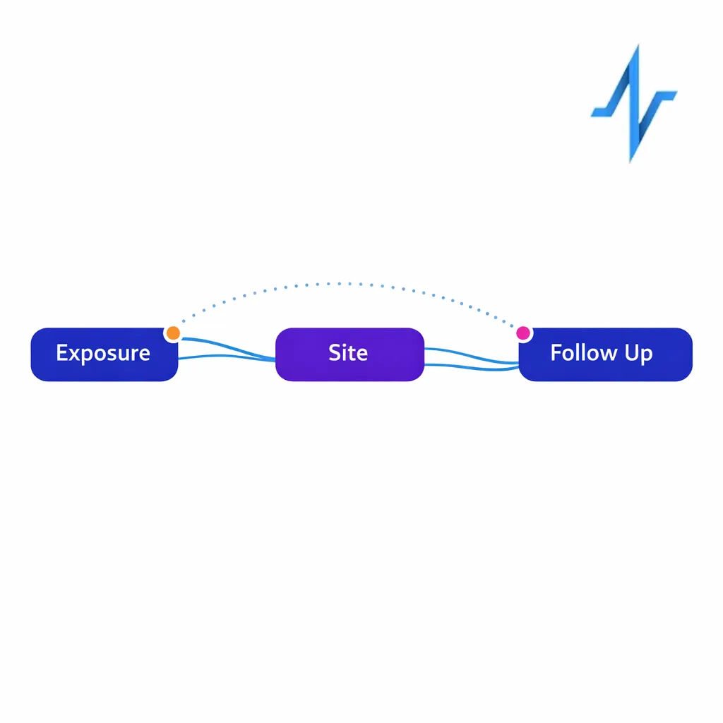 A Sankey-style journey diagram shows common paths from exposure to site to rep follow-up.