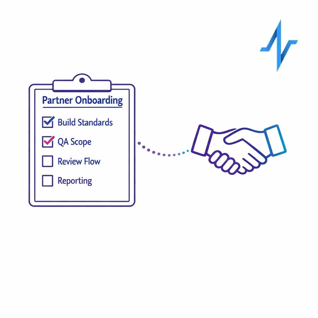 A vendor onboarding checklist aligns build standards, QA responsibilities, compliance flow, and reporting.
