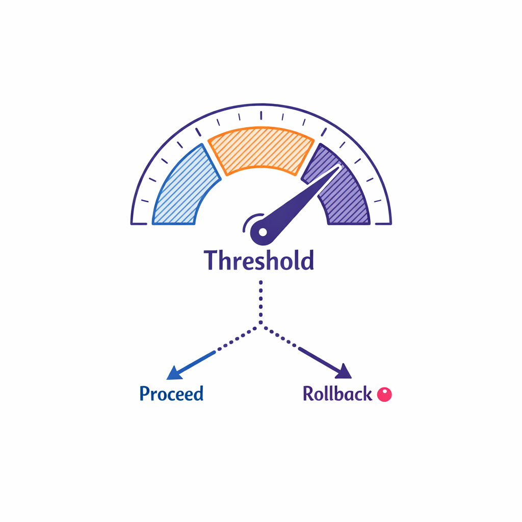 A decision dial and forked path illustrate rollback authority and thresholds during cutover.