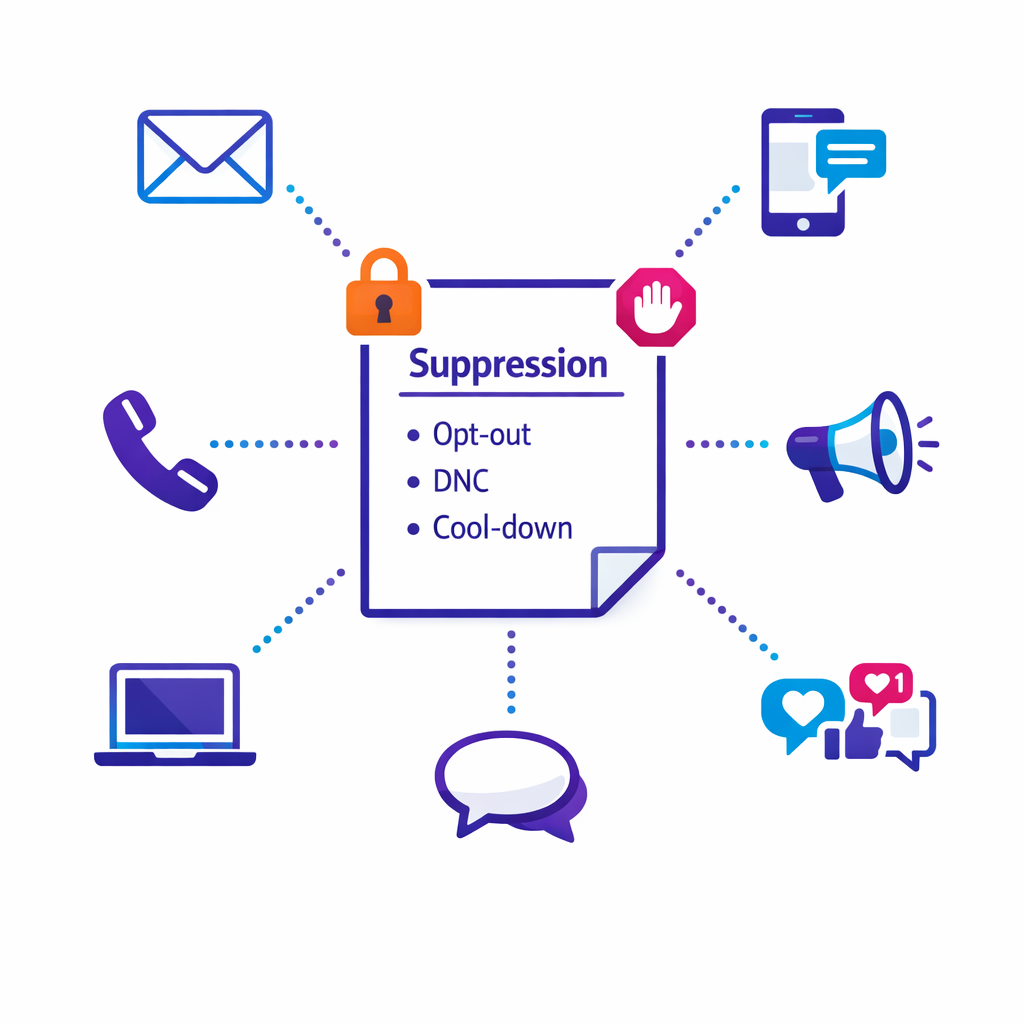 A single suppression list feeds all channels to enforce opt-outs and cool-down periods.