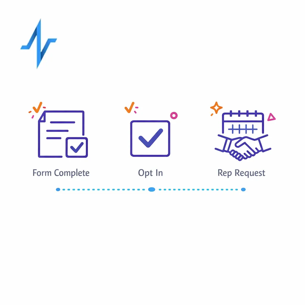Icons for form complete, opt-in, and rep request represent conversion proxies without identifying data.