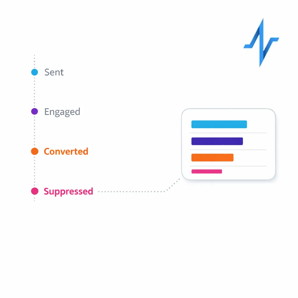 A clean event stream feeds a dashboard showing sent, engaged, converted, and suppressed counts.
