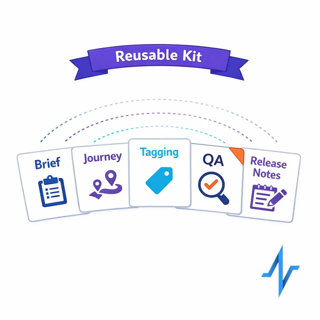 A template kit shows brief, journey worksheet, tagging guide, QA checklist, and release notes as reusable cards.