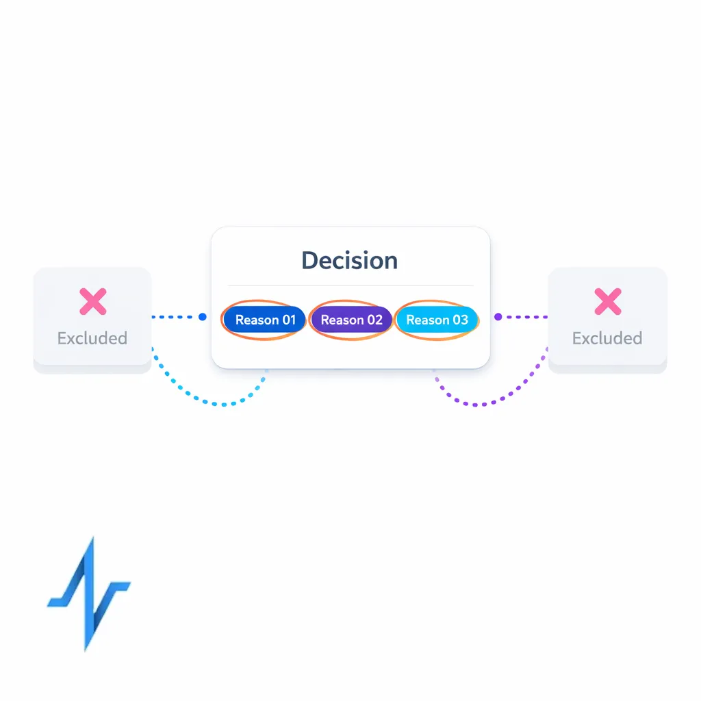 A decision output includes compact reason code tags connected to excluded actions.