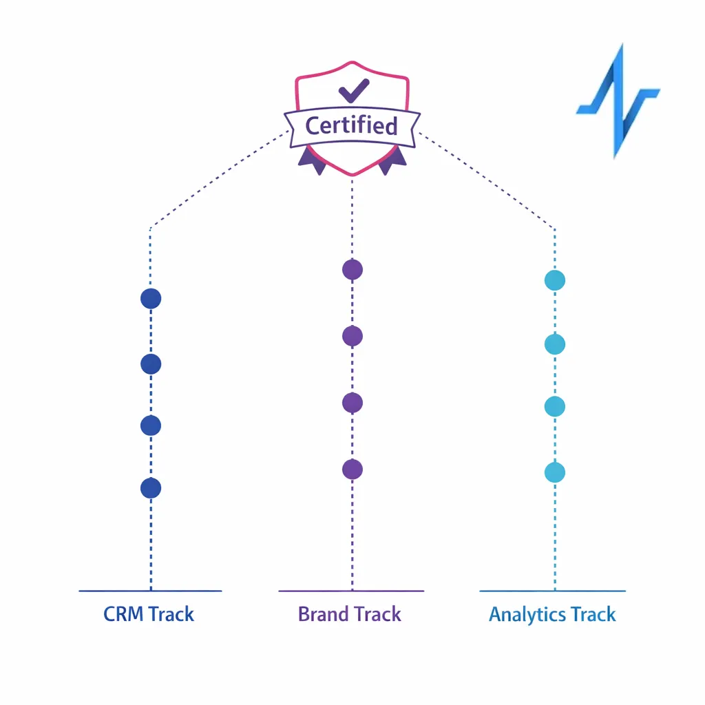Three training tracks show CRM, brand, and analytics learning paths leading to a certification badge.