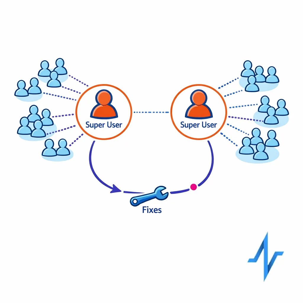 A network map highlights super users as hubs connecting regions to support adoption feedback loops.