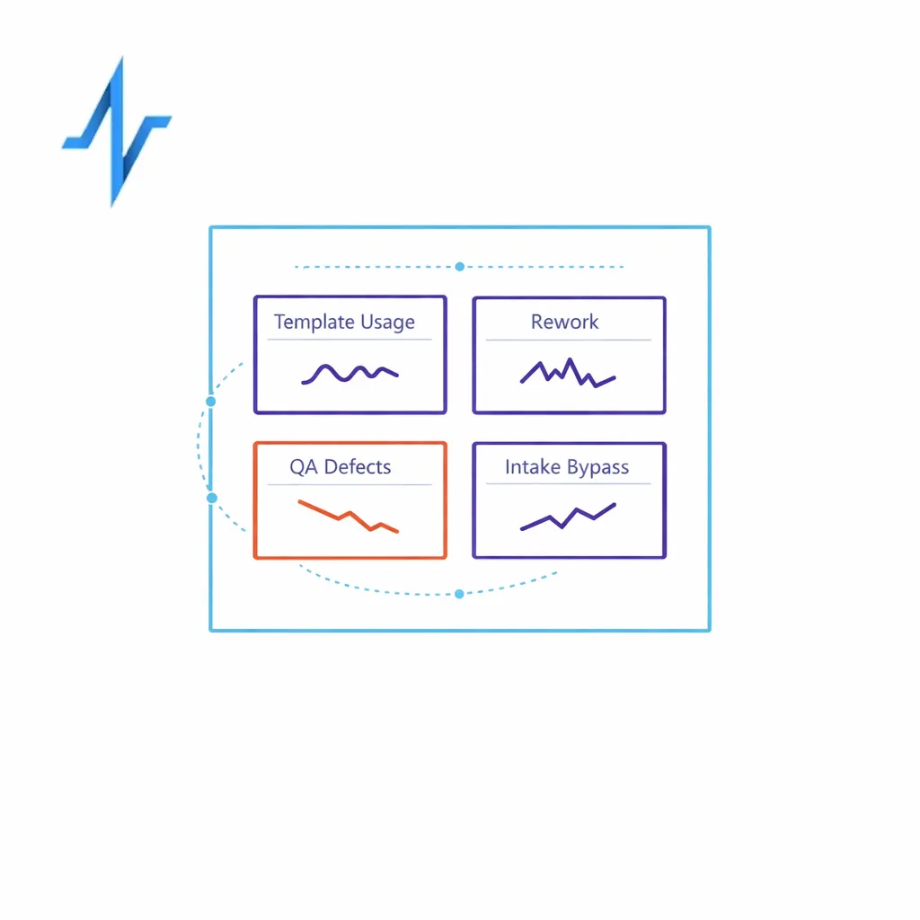 A dashboard shows template usage, rework rate, QA defects, and bypassed intake as leading indicators.