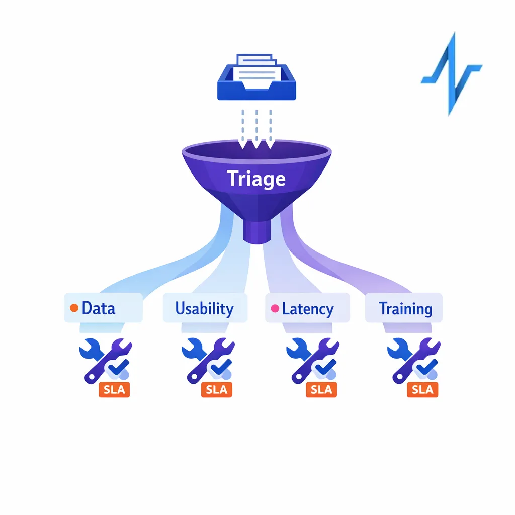 A triage funnel routes issues by theme to resolution with clear SLAs and ownership.