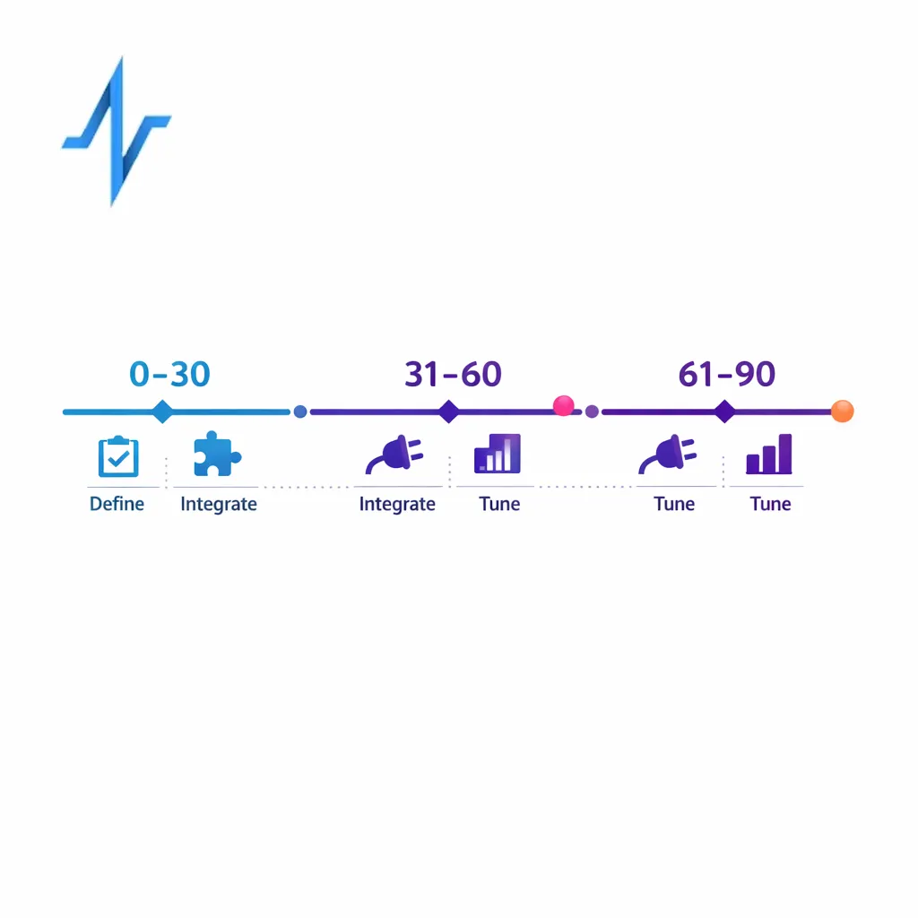 A three-phase timeline shows days 0–30, 31–60, and 61–90 with key deliverables.