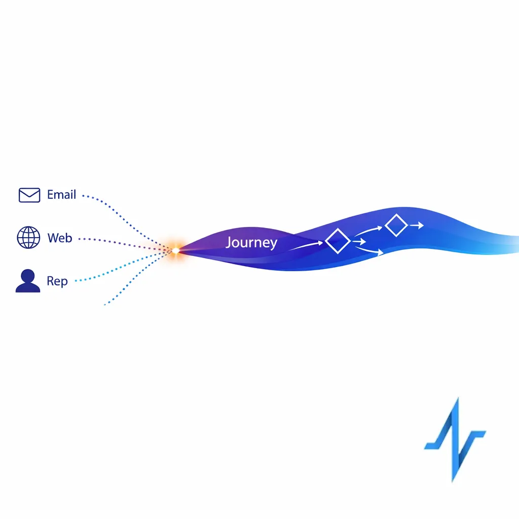 Separate channel icons converge into a single orchestrated journey path to emphasize connected decisions.