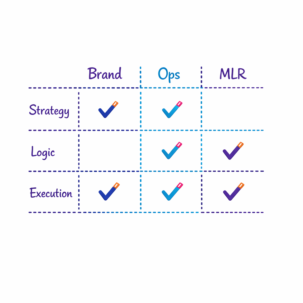 A simple ownership matrix assigns brand, ops, and MLR to strategy, logic, and execution.
