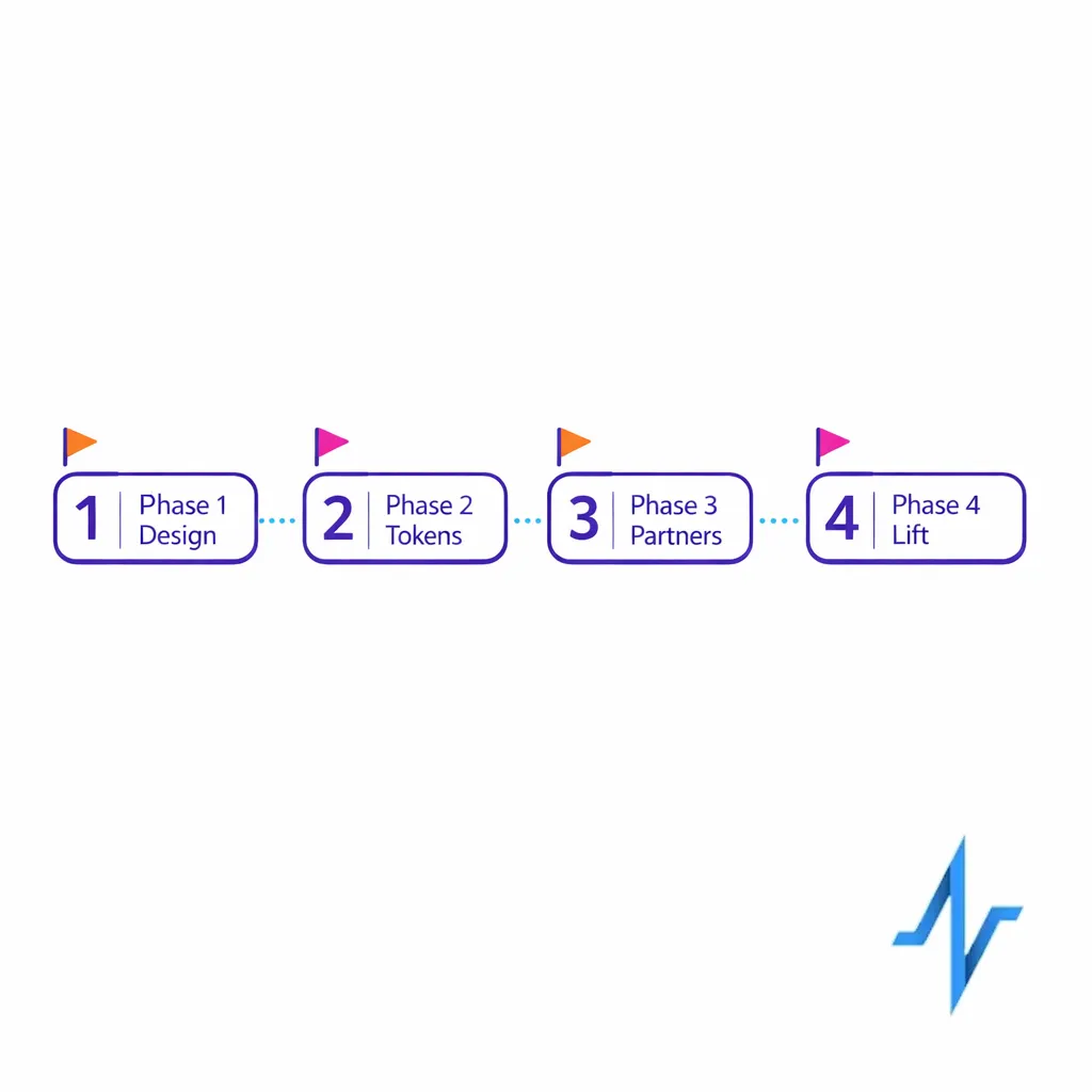 A four-phase roadmap shows design, tokenization, partner onboarding, and incrementality as sequential steps.