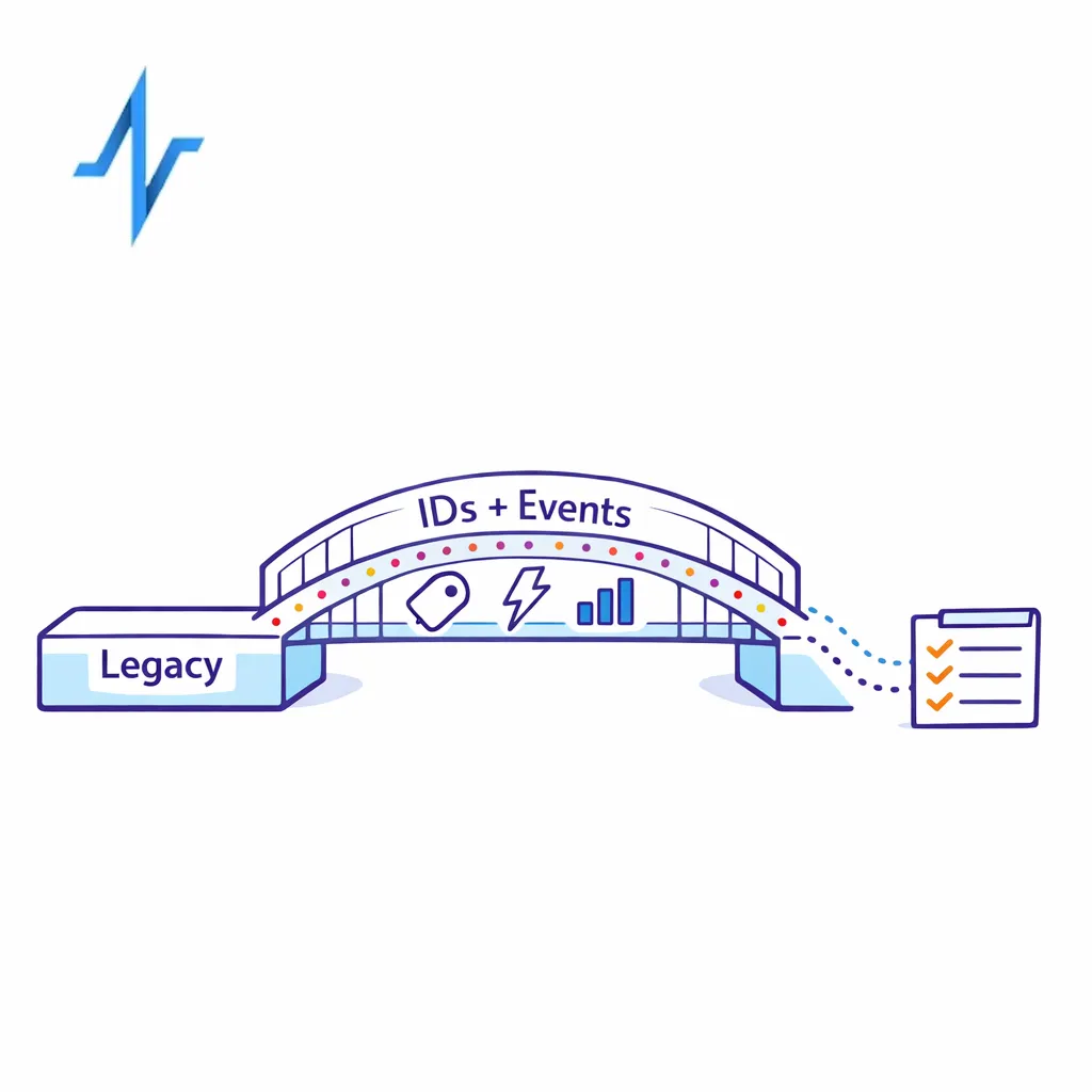 A before-and-after measurement bridge preserves IDs and events across legacy and new systems.