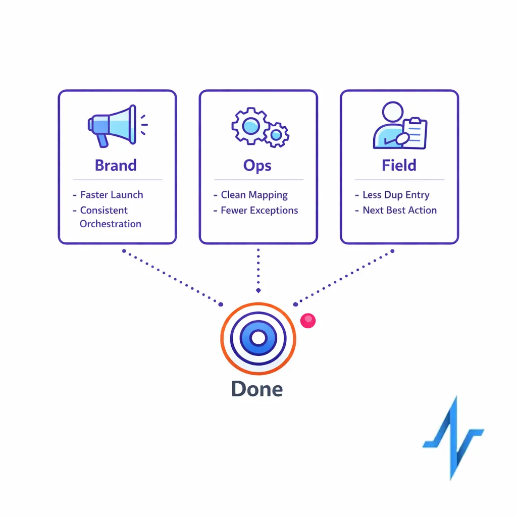 Three stakeholder tiles show measurable outcomes for brand teams, ops owners, and field users.