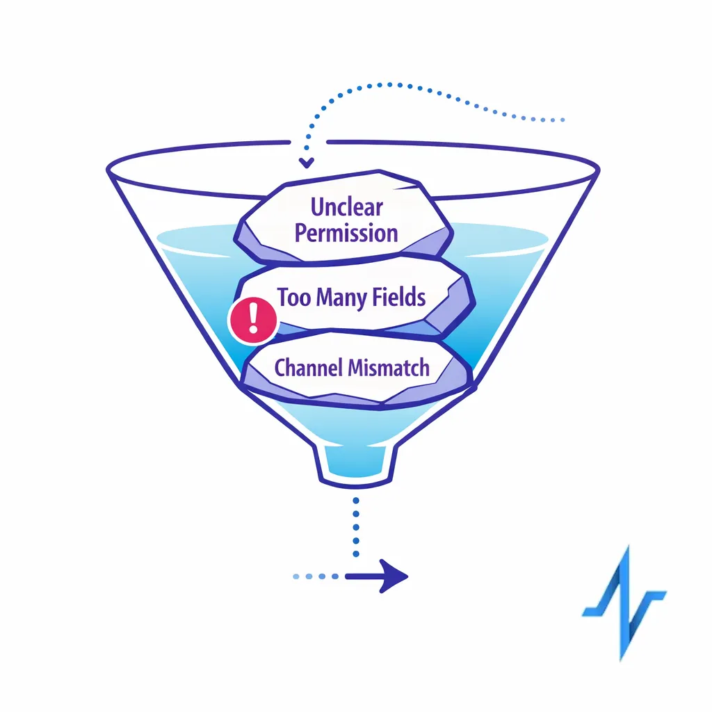 A funnel diagram highlights drop-off points caused by unclear permission, too many fields, and channel mismatch.