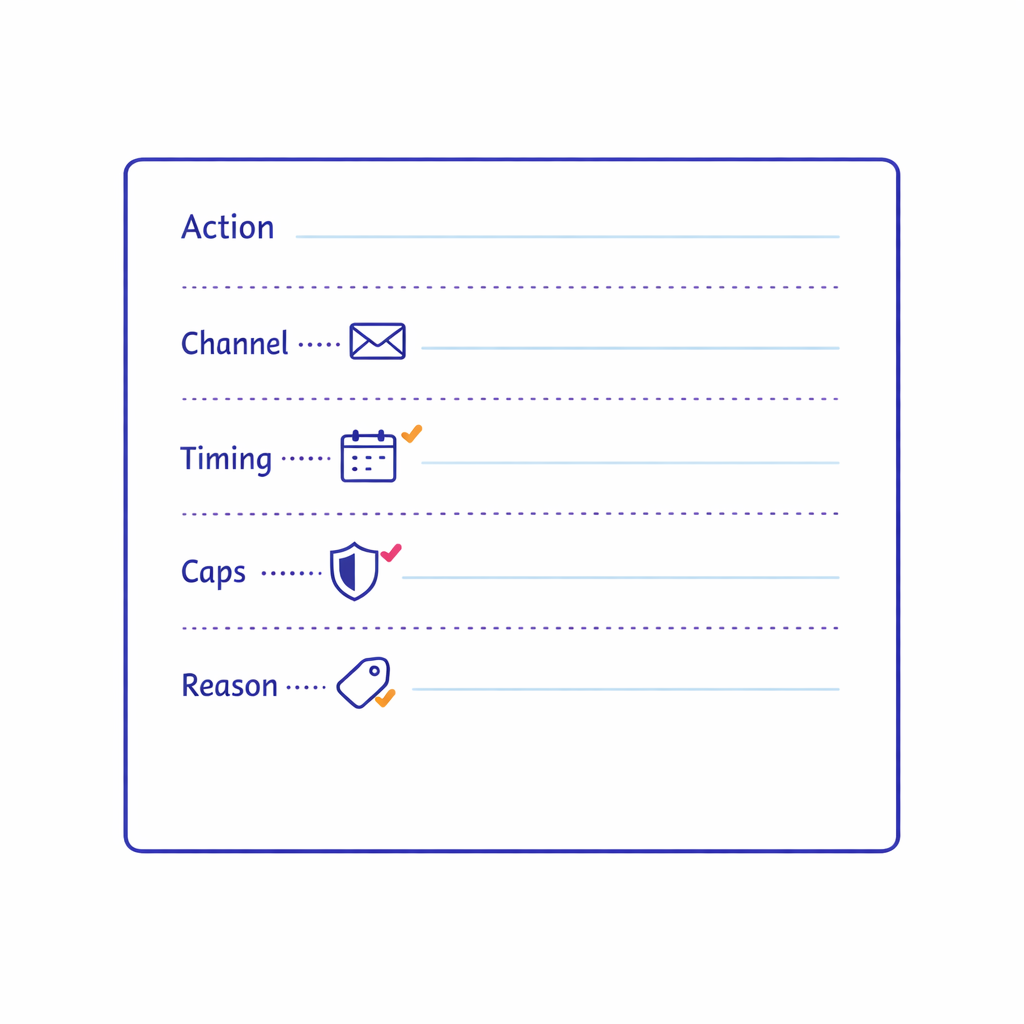 A structured action card lists channel, timing, caps, and reason codes as clear fields.