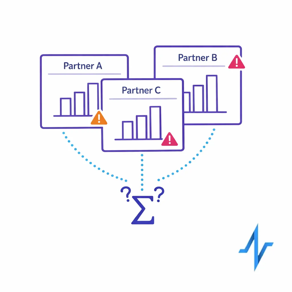 Three separate partner report cards overlap to illustrate double-counted reach and mismatched definitions.