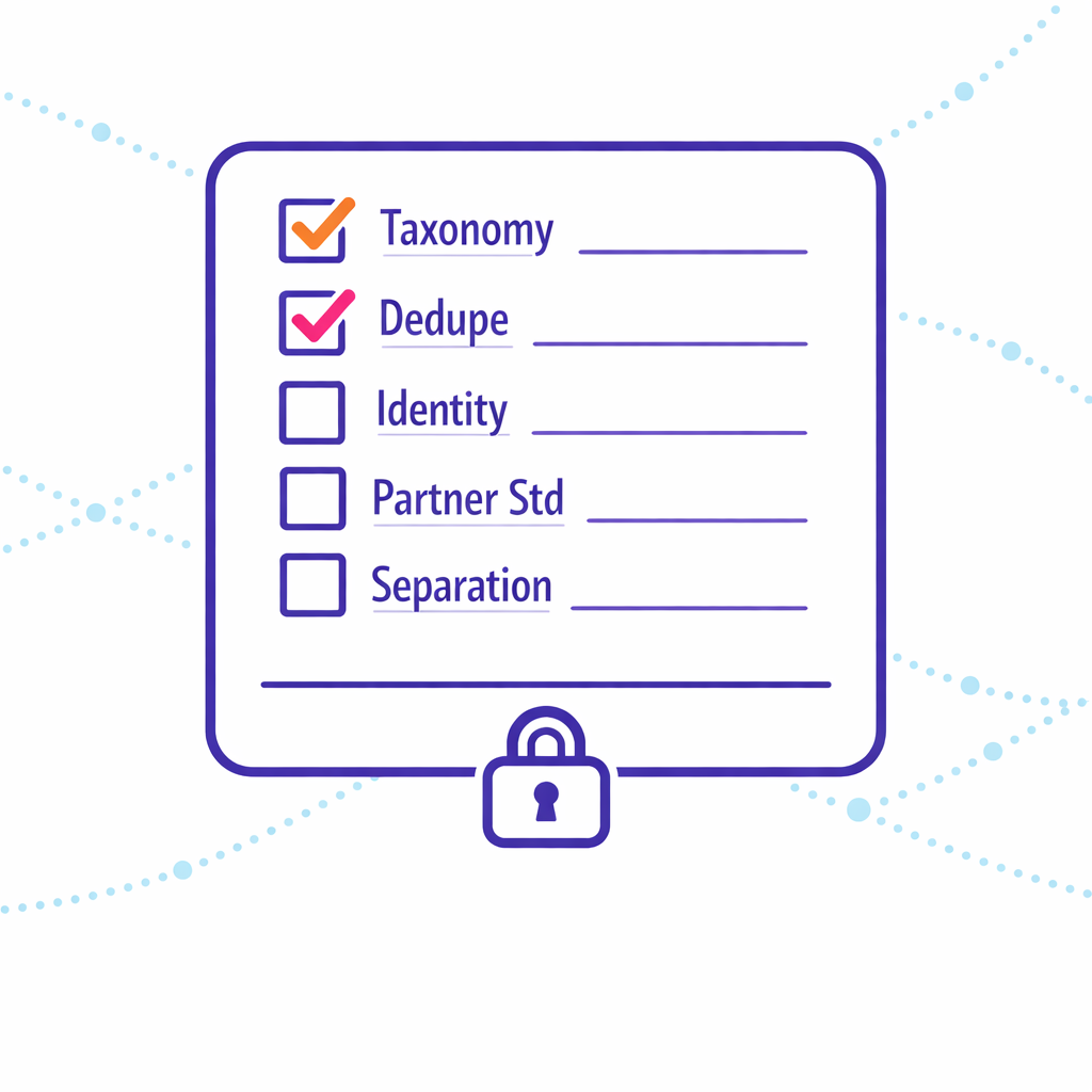A clean checklist summarizes taxonomy, deduped reach, identity logic, partner standards, and separation of measurement from activation.