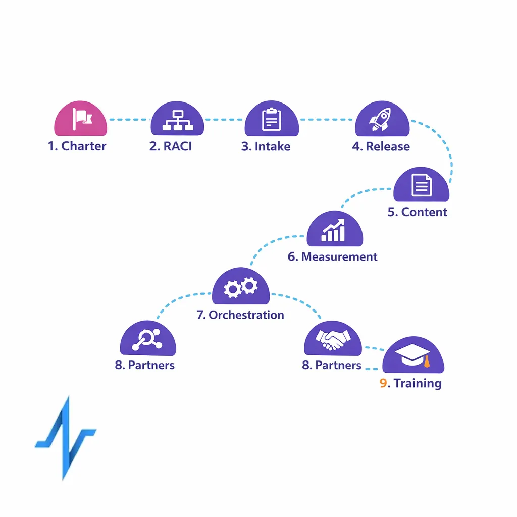A step-by-step roadmap shows charter, RACI, intake, release readiness, content, measurement, orchestration, partners, and training.