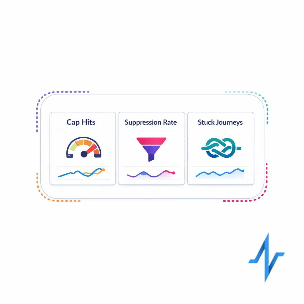 A monitoring panel highlights cap hits, suppression rate, and stuck journeys as health signals.