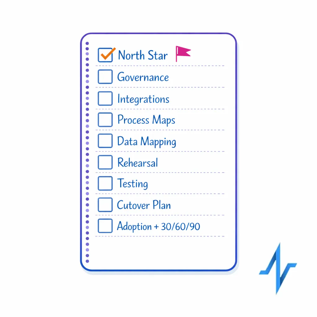 A concise checklist summarizes the key migration actions from governance through optimization backlog.