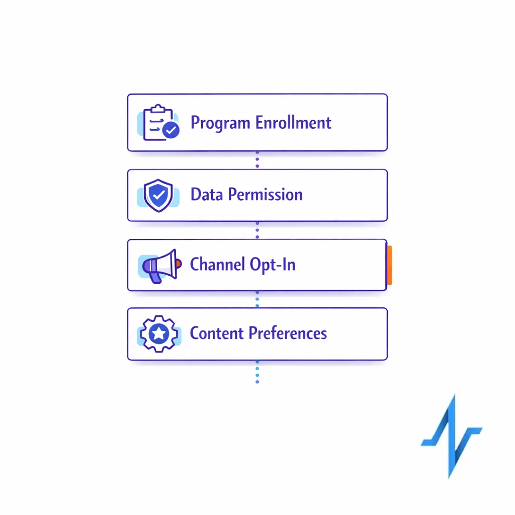 Four stacked cards separate enrollment, data permission, channel opt-in, and content preferences as distinct choices.