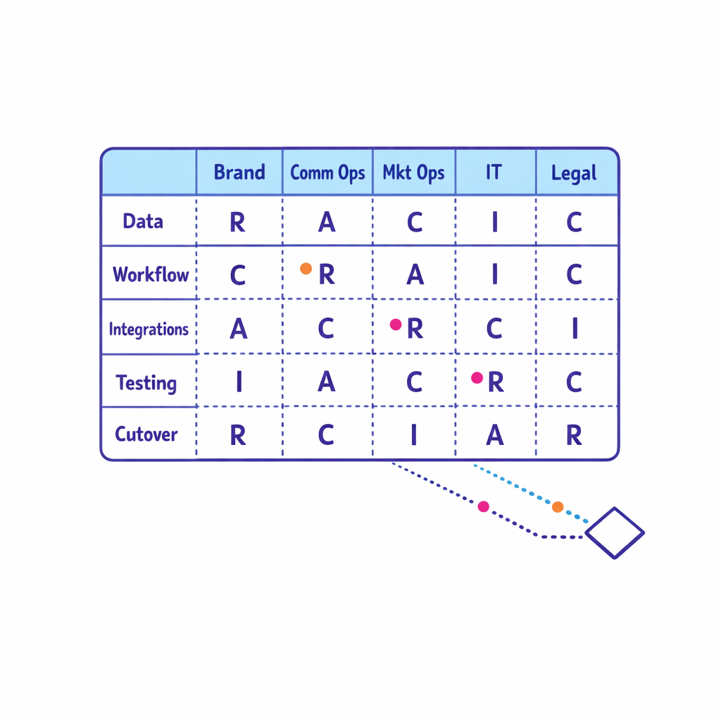 A simplified RACI grid clarifies decision ownership across teams for a CRM migration.
