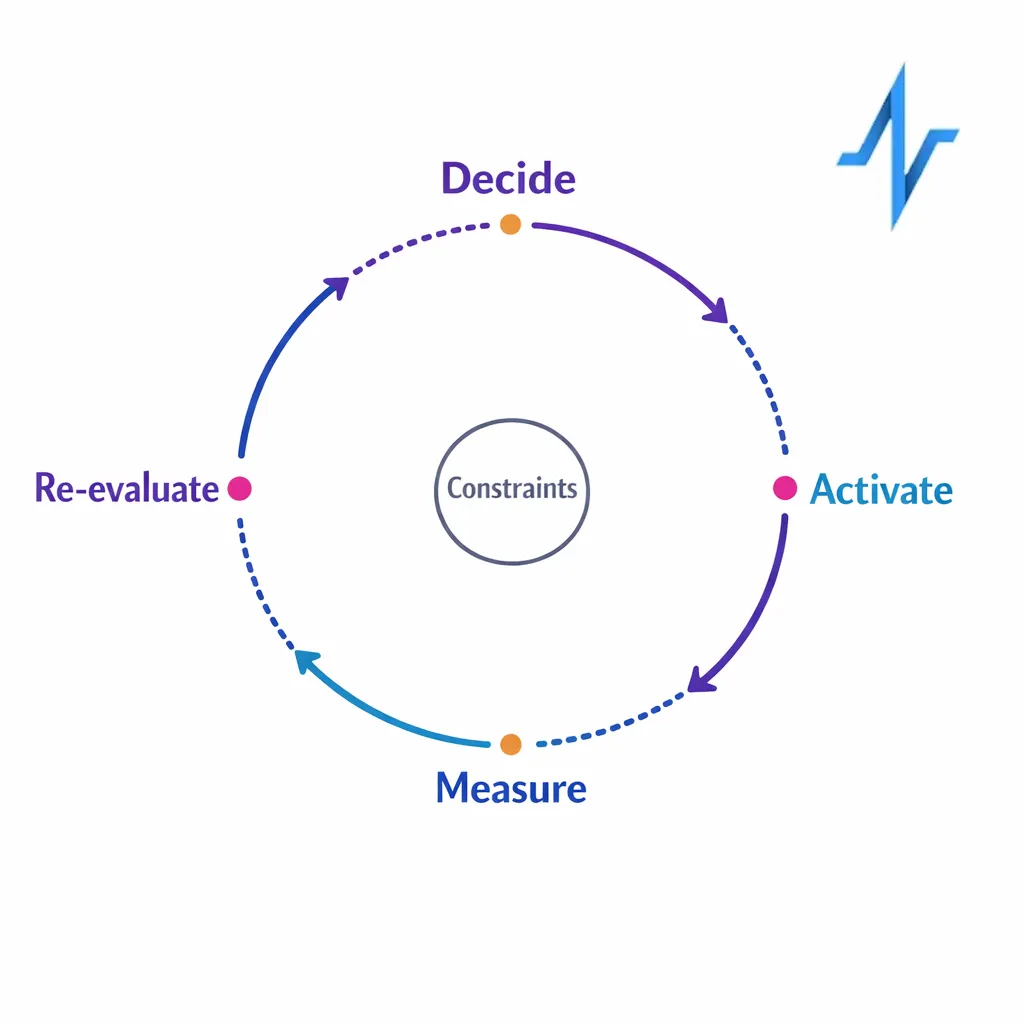 A circular loop shows decide, activate, measure, and re-evaluate using dotted connectors.