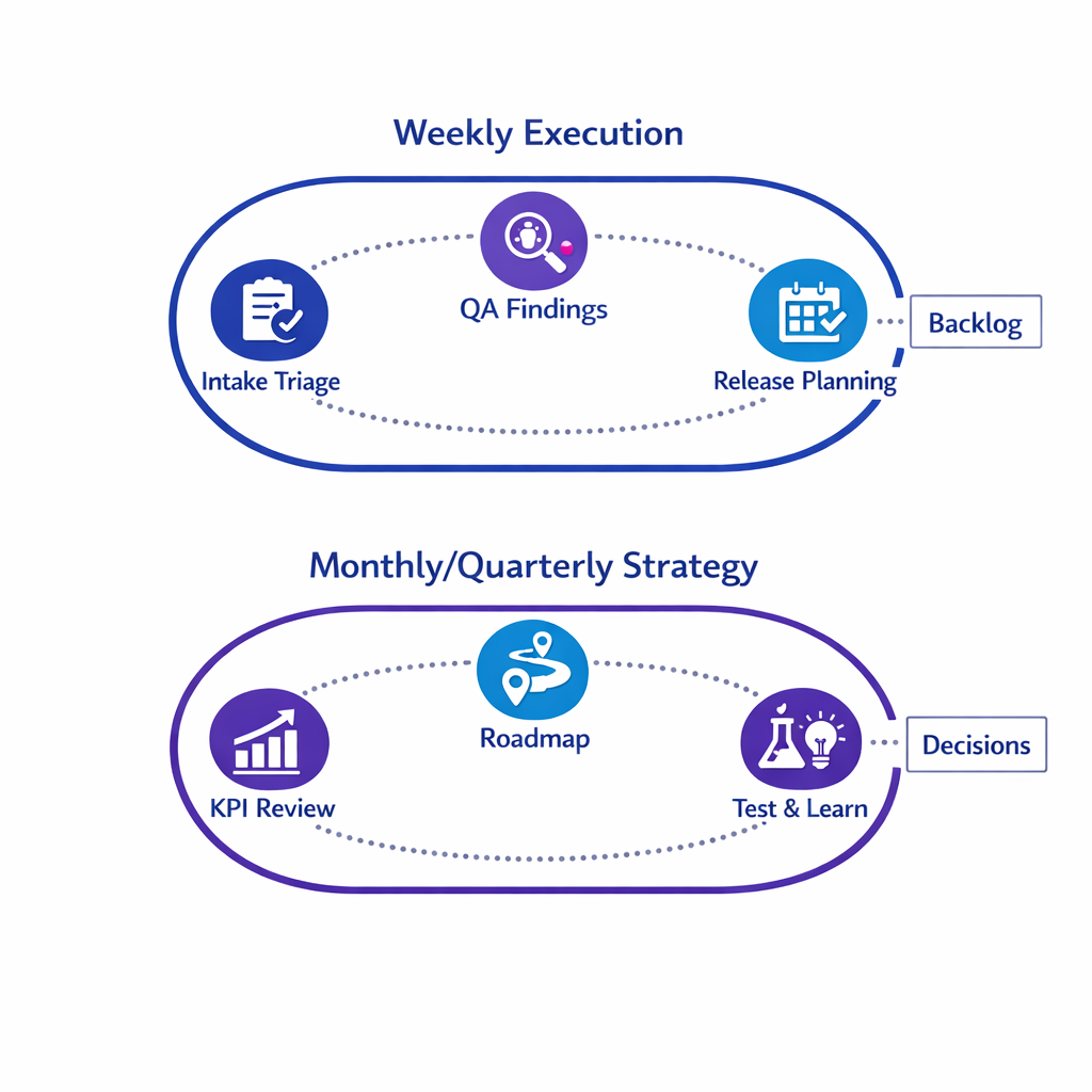 Two stacked cadence loops show weekly execution governance and monthly strategy governance with clear outputs.