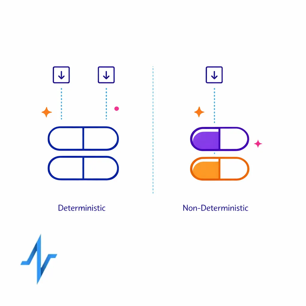 Side-by-side tokens show same-input same-output versus randomized outputs for the same input.