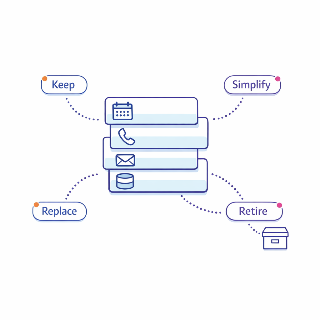 Workflow cards are labeled to keep, simplify, replace, or retire during migration planning.