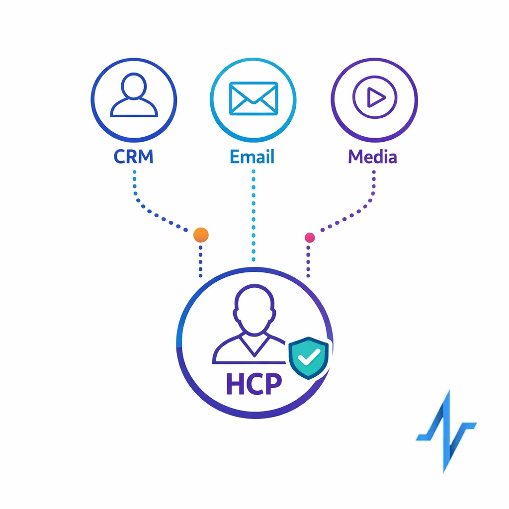 Three profile circles merge into one unified HCP profile with dotted links from CRM, email, and media.