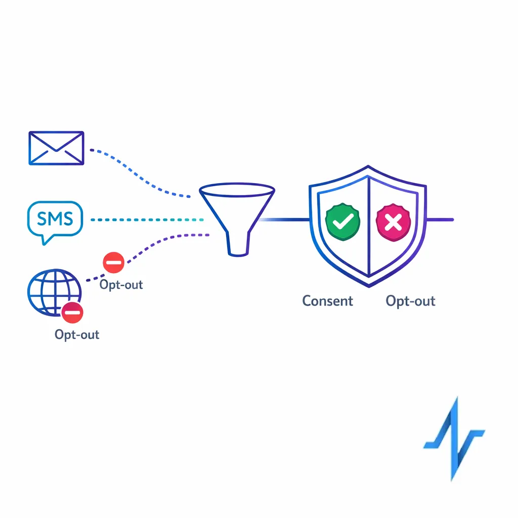 A funnel passes only permitted channels through a shield icon while blocked paths stop.