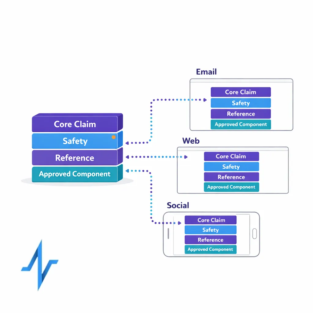 Reusable content blocks snap together into channel wrappers to show modular content operations.
