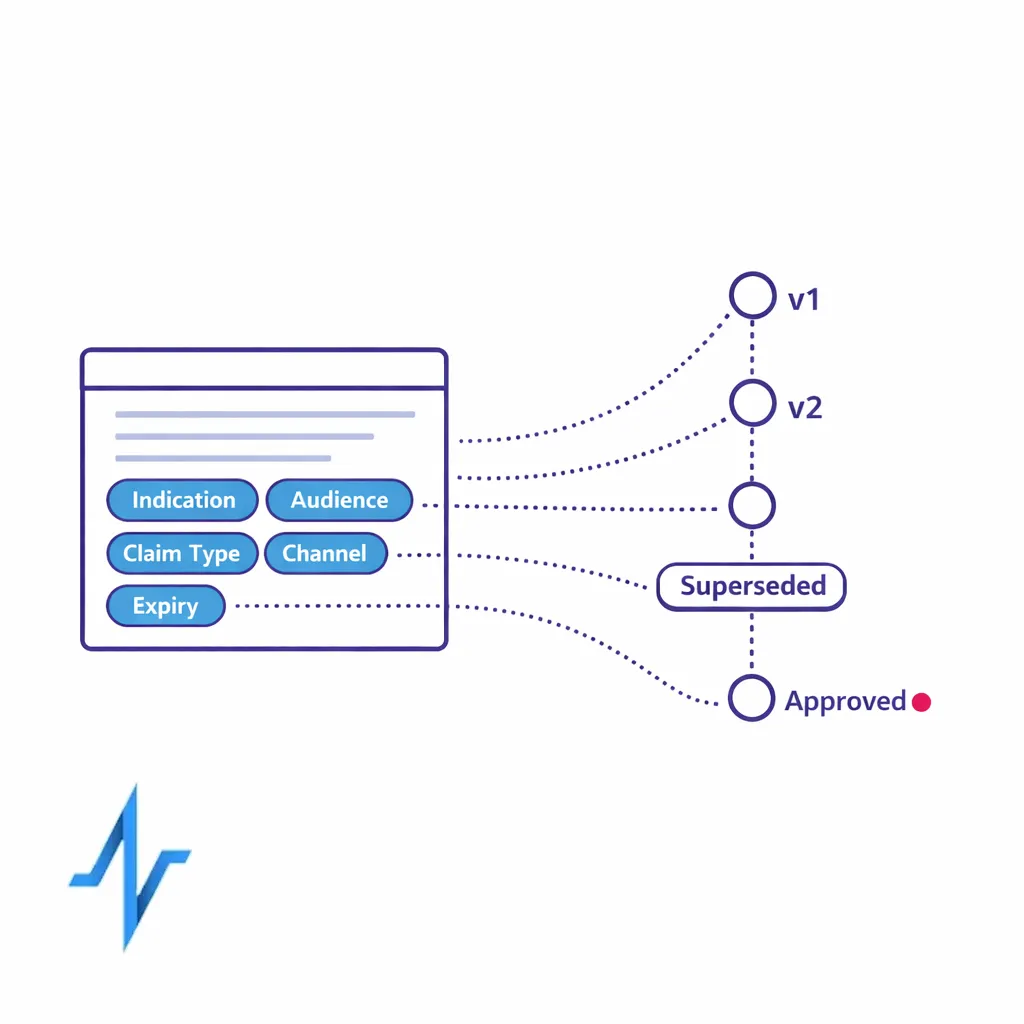 A metadata tag set and version timeline show a single source of truth for approved content.